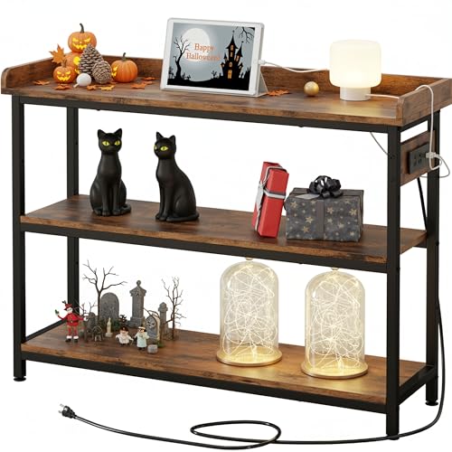 IRONCK Console Table, Sofa Table with Power Outlet, Farmhouse Hallway Table for Entryway, Living Room, Height Adjustable, Easy Assembly, Rustic Brown, 43"