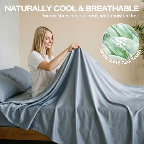 Image of Real 100% Viscose Derived from Bamboo Sheets Set King Size, Cooling & Silky Soft for Hot Sleeper, Luxury with Breathable & Moisture Wicking Fabric, 18 inch Deep Pocket with Corner Straps (Sterling Blue,K)