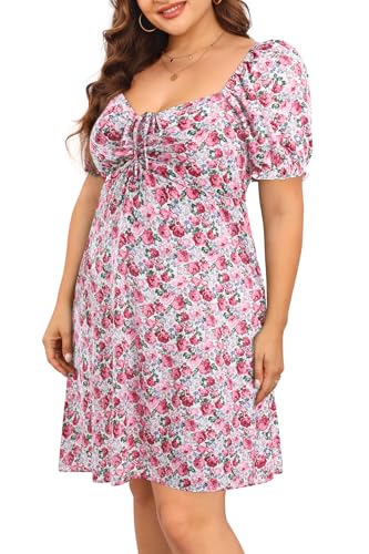 Image of Pinup Fashion Women Plus Size Casual Puff Sleeve Summer Sundress Smocked Short A Line Babydoll Cute Mini Dresses