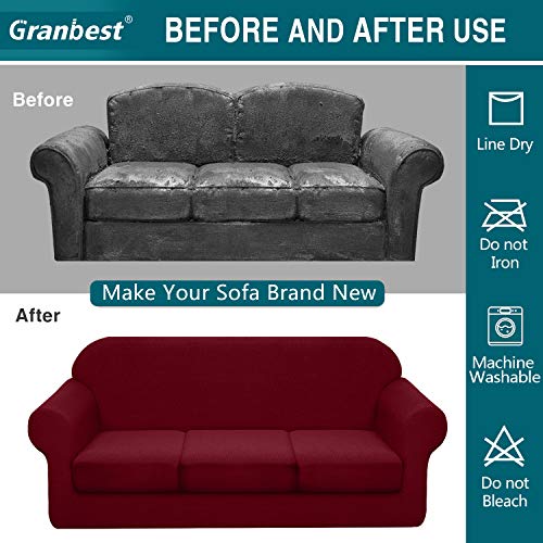 Granbest 4 Piece Premium Water-Repellent Sofa Slipcover For 3 Cushion Couch High Stretch Sofa Cover For 3 Seat Sofa Super Soft Fabric Couch Cover For Dogs Pets Furniture Cover (Large, Wine Red) #TOP4
