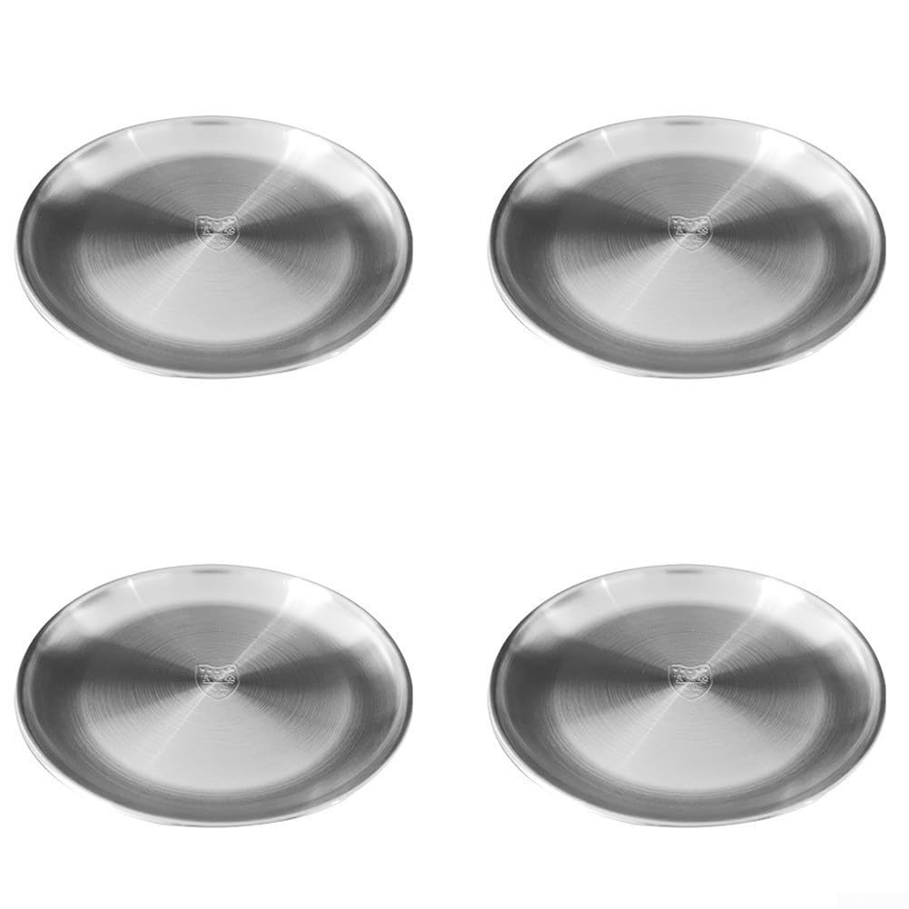 Stainless Steel Round Plates Set of 4 for Outdoor For Picnics Barbecues Camping RV Travel and Indoor Dining Settings (silver14CM)