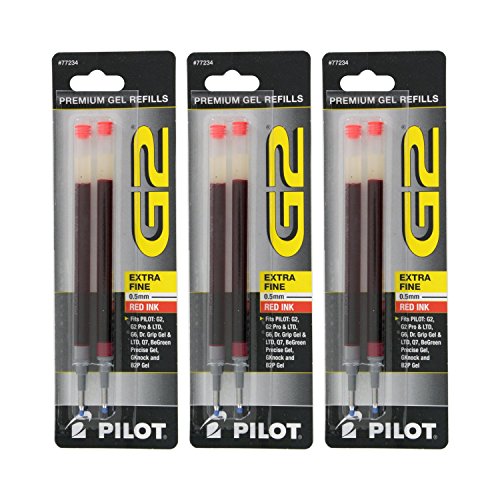 Pilot G2, Dr. Grip Gel/Ltd, ExecuGel G6, Q7 Rollerball Gel Ink Pen Refills, 0.5mm, Extra Fine Point, Red Ink, Pack of 6