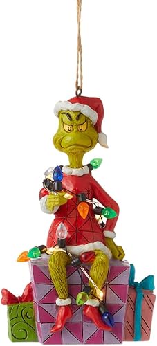 Enesco Dr. Seuss Grinch por Jim Shore Santa Grinch - Figura colgante y luces LED, adornos coleccionables para árbol de Navidad hechos a mano de