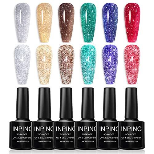 INPING Gel Nail Polish Reflective, 6 Colors Glitter Sliver Gold Green Red Brow Navy Sparkle Diamond Flash Nail Varnish Set Required Soak Off UV LED for Women DIY Nail Art, Beauty Gifts