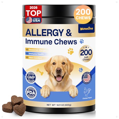 Dog Allergy Chews, Itchy Skin & Paw Licking Support, Probiotics for Dogs, Immune & Gut Health, Seasonal Allergy Formula, Skin & Coat Health, Chicken Flavor Soft Chews, 200 Ct, BlueGold