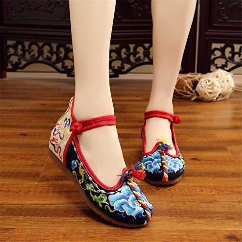 Qhome Women's Floral Embroidery Ethnic Style Strappy Comfortable Casual Walking Canvas Mary Jane Flat Shoes2