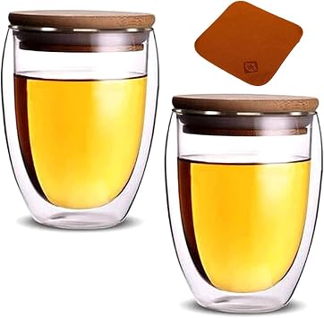 Double Wall Glass, Double Wall Glass, Heat Resistant, Glass Cup with Lid, Set of 2, Borosilicate Glass, Cold Insulation, Mug, Tea Cup, Clear Coffee Cup, Tumbler, Stylish, Double Wall Glass, Tableware, Office, Home, Gift, Towel Included 11.8 fl oz 350 ml x 2