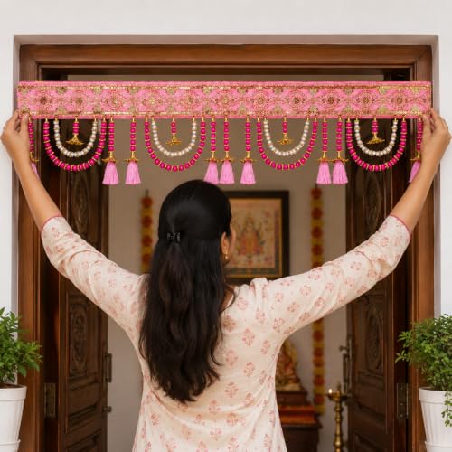 Image of ONESTA Premium Pink Decorative Door Toran for Main Door | Handmade Traditional Bandarwal with Pearl Beads Golden Bells & Tassels | Festive Door Hanging for Diwali Wedding Housewarming Navratri & Home Decor 3 Feet (Size 36 Inch Pack 01)