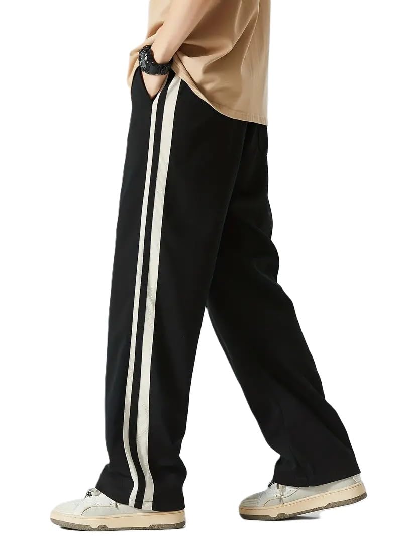 third quadrant Men's Athletic Track Pants with Side Stripes and Loose fit || Regular Track Pant,Black with White Stripe|| Straight Leg || Casual Sports Trousers-picture-32