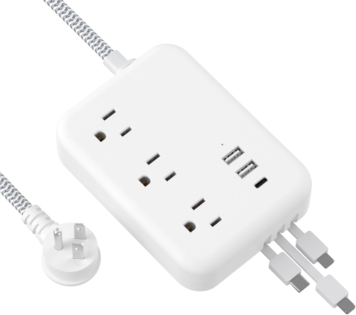 6 USB(3 USB Cable) Travel Power Strip- 5Ft Travel Power Strip with 3 USB(3.4A)&3 AC Outlet, 3 Built-in Charger Cables, 13A Flat Plug Braided Extension Cord Compact for Hotel Cruise Travel Essentials