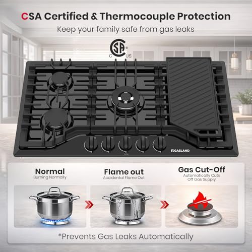 GASLAND Gas Cooktop 36 Inch with Griddle, 5 Burner Propane Stovetop with Reversible Cast Iron Grill/Griddle, Gas Countertop Plug-in, NG/LPG Convertible Cooktops, Black
