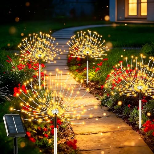Fireworks Solar Garden Lights, 320 LED Solar Fireworks Lights with 8 Lighting Modes, Sparkling Solar Lights Outdoor Patio Backyard Decoration Gift, 4-Pack (Warm White -320led)