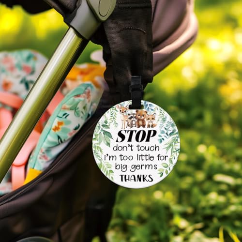 Image of 2 Pack Do Not Touch Signs Stroller Tag Greenery No Touching Car Seat Cute Animals Theme Stop No Touching Safety Sign for Family PVC Seat Sign Signs-Stroller Tag 5 Inches