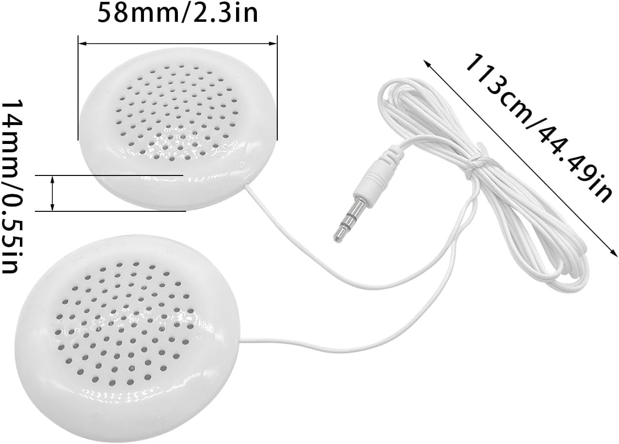 Flylin Altoparlante per Cuscino, Doppio Mini Altoparlante Stereo Migliorato, Bianco Rotondo, Cavo 3.5mm, Compatibile con Telefono, MP3 e CD, per Dormire e Rilassarsi