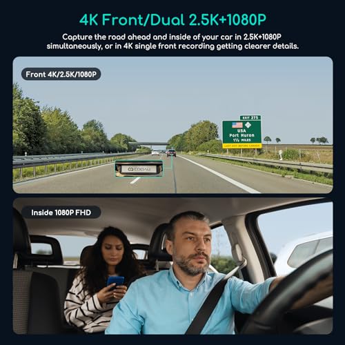 COOAU D30S Dash Cam for Drivers - Dual Lens Front and Inside Cameras with GPS and WiFi
