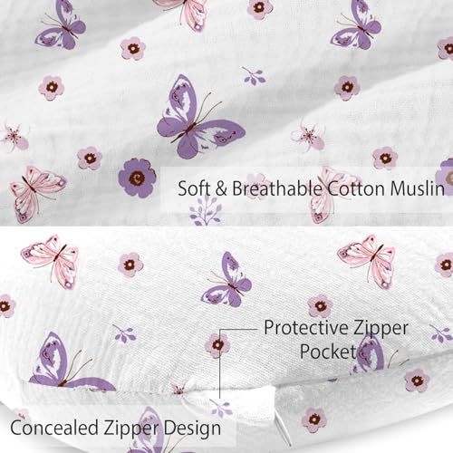 Image of Little Grape Land Muslin Nursing Pillow Covers 2 Pack, 100% Cotton Removable Breastfeeding Pillow Covers, Feeding Pillow Slipcovers for Baby Boys & Girls, (Purple Butterfly & Purple)