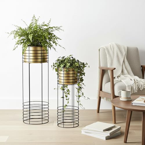 Image of Metal Floor Planter with Stands (Set of 2), Modern Tall Planter for Home Decor, Decorative Plantpot for Living Room Balcony Office, Big Plant Stand with Pots (Plants not Included) (Gold Pot & Black Stand)