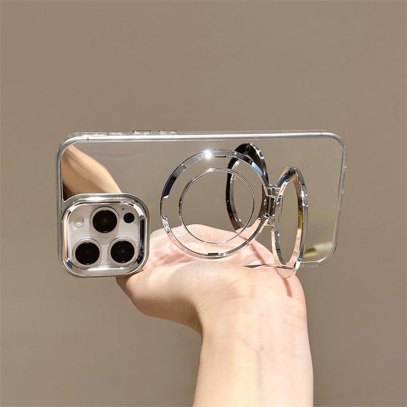 LUVI Compatible with iPhone 17 Mirror Stand Case Bling Kickstand Ring Makeup Electroplate Fashion Glossy Luxury Cool Cute Shockproof Protective Cover for Women Girls Silver - Image 5