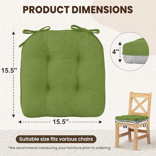 downluxe Indoor Chair Cushions for Dining Chairs, Tufted Overstuffed Textured Kitchen Chair Pads with Ties and Non-Slip Backing, 15.5" x 15.5" x 4", Grass Green, 4 Pack by downluxe - Used condition - Image 2