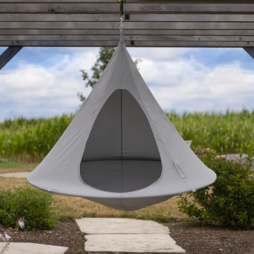 Image of Double Cacoon Hanging Chair for Two - Cozy Indoor /Outdoor Hammock with Polyester Canvas, 440 lb Capacity, Includes 18ft Rope & Carabiner (Moon River)