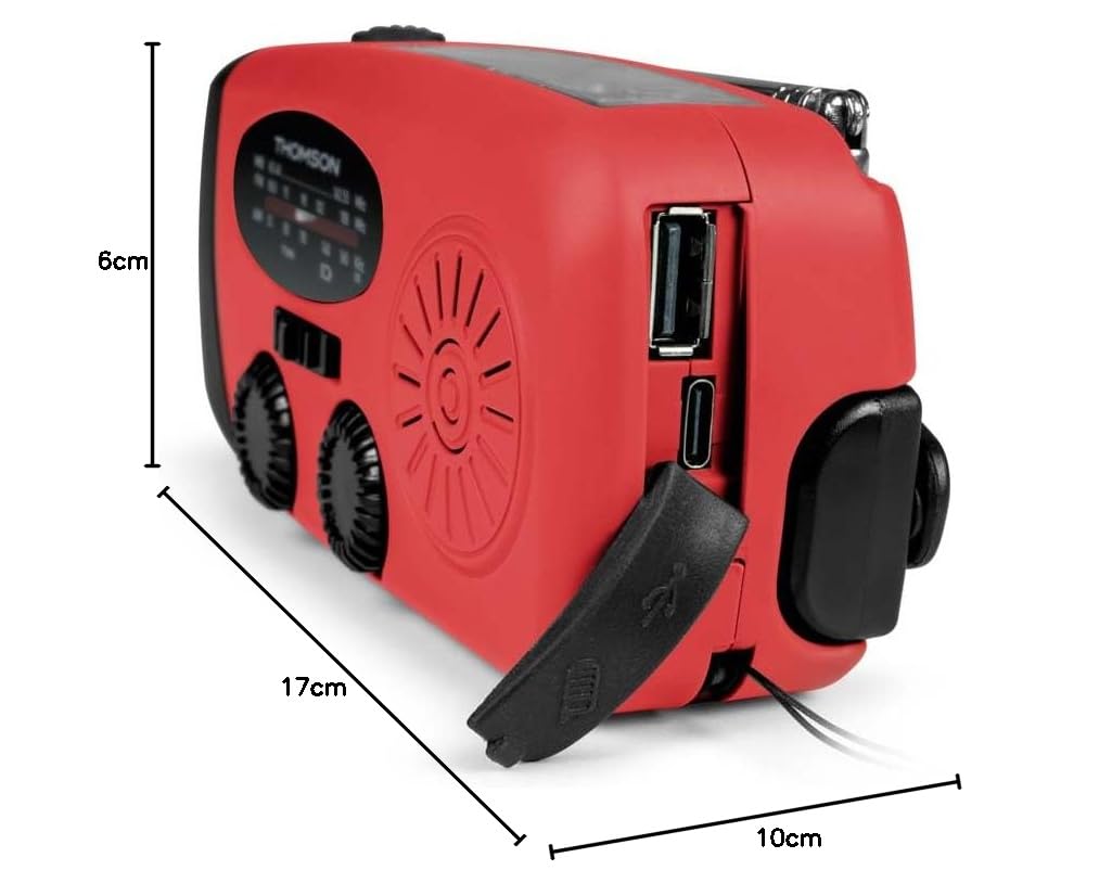 Radio FM Solaire Portable RT260,eclairage LED, Bouton SOS Alarme,Dynamo pour Recharge Manuelle, Recharge USB Batterie 2000 mAh, Charge d'appoint Smartphone (Rouge)