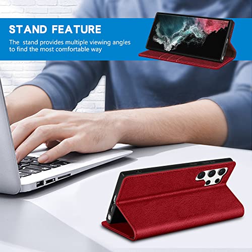 Image of ZZXX for Samsung Galaxy S22 Ultra Wallet Case with [RFID Blocking] Card Slot Stand Strong Magnetic Leather Flip Fold Protective Phone Case for Samsung Galaxy S22 Ultra Case Wallet(Red-6.8 inch)
