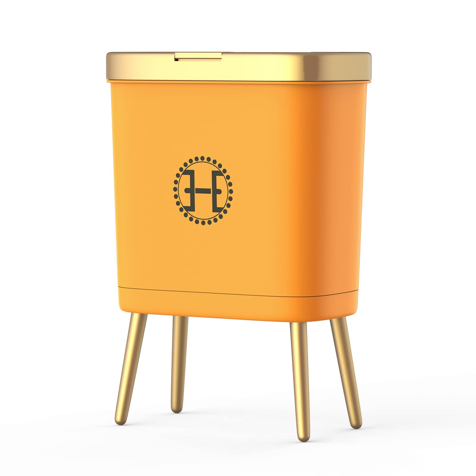 Bedroom Trash Can with Lid,Slim Bathroom Trash Cans with Lids, Dog Proof Trash Bin with Press Top Lid,Modern Gold Trash Can Plastic Waste Basket for Living Room, Office,Kitchen, 4 Gal-Orange