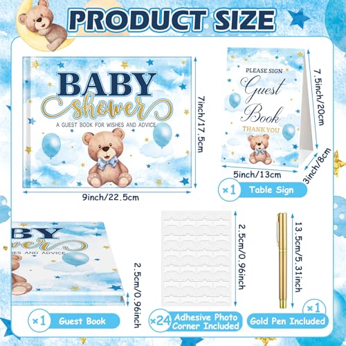 Image of Fuyoooo 27 Pcs Blue Color Bear Baby Shower Guest Book Set Baby Shower Sign in Guest Floral Book Place Table Cards with Gold Pen Adhesive Photo Corner for Birthday Party