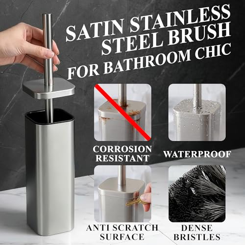 Image of Toilet Brush with Square Holder - Toilet Brush and Holder Set Silver, Stainless Steel Handle with Splash Shield, Replaceable Head and Removable Inner Cup - Freestanding Bathroom Toilet Cleaning Set