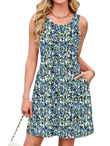 Image of Kikibell Beach Casual Sleeveless Floral Print Tank Loose Sundress with Pocket Floral Dresses Coverup L