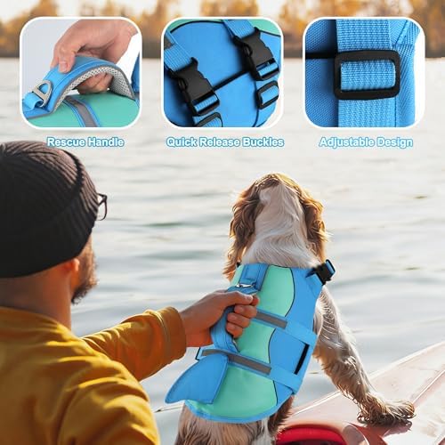 Dogcheer Dog Life Jacket Shark, Neoprene Harness Dog Life Vest with Lift Handle, Reflective Adjustable Pet Swim Float Vest for Small Medium Large Dogs - Blue, S - 4