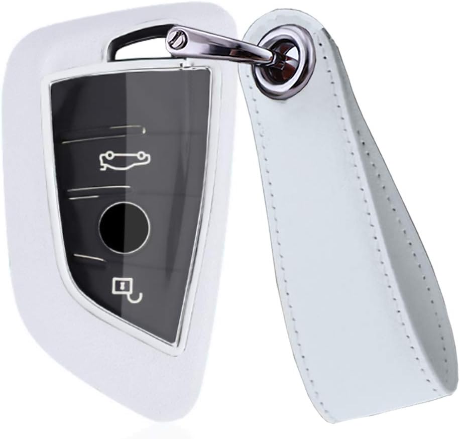 SANRILY Key Fob Cover for BMW 2 3 5 6 7 M Series X1 X2 X3 X5 X6 Keyless Key Fob Case ABS Plastic and Leather Full Protection Key Shell with Keychain Pearl White