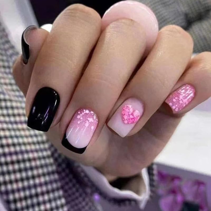Uñas postizas a presión para el día de San Valentín, cuadradas cortas, hechas en gel, color negro y rosa, uñas postizas con purpurina, corazón, día