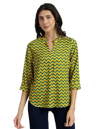 Image of FableStreet Women Shirt Work & Casual | Relaxed Fit Mandarin V-Neck Three-Quarter Sleeves Solid Pattern | Breathable Woven Fabric for Office & Everyday Wear