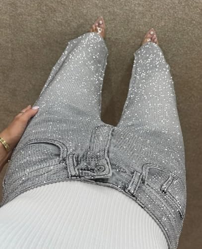 Women's Casual Rhinestone Loose Harem Jeans, Bling Denim Pants, Loose Straight, High Waisted Rhinestone Jeans for Women4