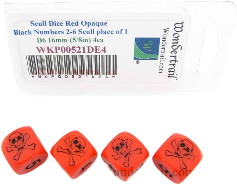 Skull Dice Red Opaque with Black Numbers D6 16mm (5/8in) Set of 4 Dice Wondertrail