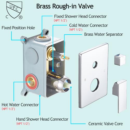 Image of Shower Faucet Set Complete, Wall Mount Shower System for Bathroom 12 Inch High-Pressure Rainfall Shower with Handheld, Rough-in Valve Body and Trim Kit, Polished Chrome