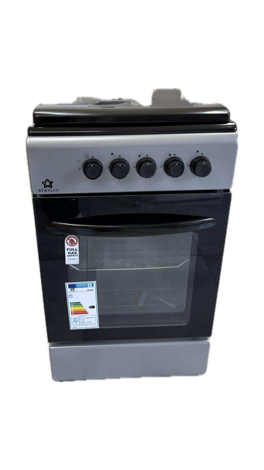 Cucina A Gas 4 Fuochi Con Forno A Gas 50 x 50 cm Colore Grigio e Nero Con Coperchio
