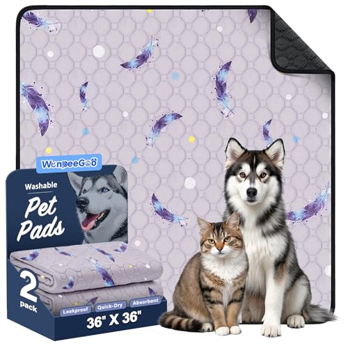 Image of Washable Dog Pee Pads, Non-Slip Waterproof, 36 x 36 in, 2 Pack, Feather | Super absorbent, waterproof and non-slip; washable, reusable dog pads for crates, playpens, floors, furniture and travel