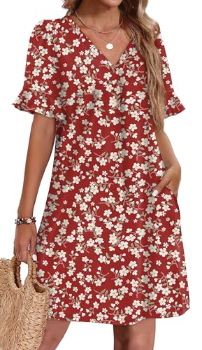 Image of OFEEFAN Summer Dresses for Women Ruffle Short Sleeve V Neck Casual Shift Dress with Pockets