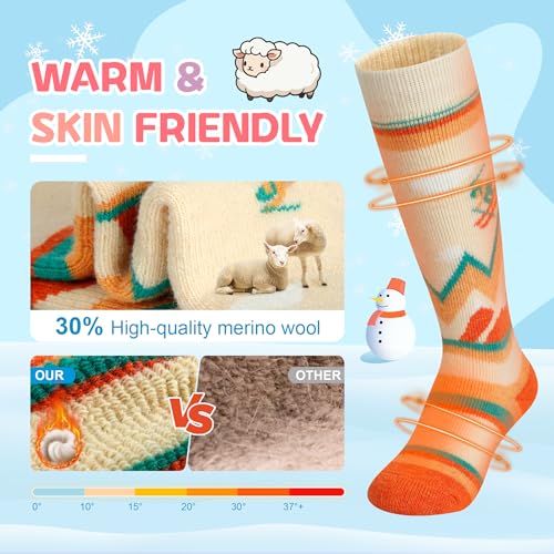 unenow Merino Wool Ski Socks Kids 2 Pairs, Winter Warm Snowboarding Thermal Socks for Boys Girls Toddlers2