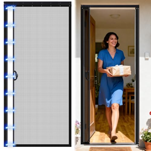 Beeveer Retractable Screen Door with Sliding Track Fits Door Size 33 x 80 (Curtain Size 34 x 81) Pet Friendly Magnetic Fiberglass Mesh Screen for Patio French Sliding Doors Weighted Bottom