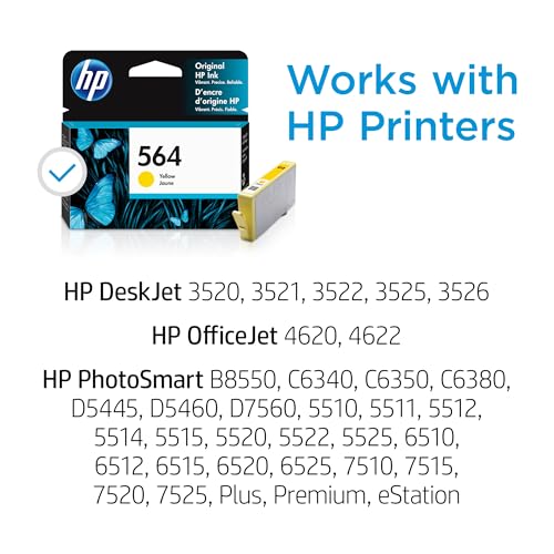 Image of HP 564 Yellow Ink Cartridge | Works with DeskJet 3500; OfficeJet 4620; PhotoSmart B8550, C6300, D5400, D7560, 5510, 5520, 6510, 6520, 7510, 7520, Plus, Premium, eStation | CB320WN