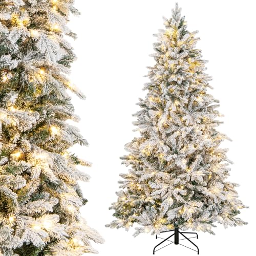 Image of Goplus 7ft Pre-Lit Snow Flocked Christmas Tree, Artificial Hinged Xmas Tree with 1687 Branch Tips, PE & PVC Mixed Leaves, 300 Warm-White LED Lights, Foldable Metal Base, for Home Office Holiday Decor