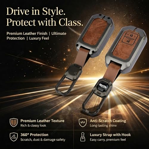 Image of Exclusive Metal Leather Key Cover Compatible With Maruti Suzuki Jimny Baleno Grand Vitara XL6 Swift New Brezza 2022 Ertiga Dzire 2 Button Key Leather Protection With Keychain, Multicolor