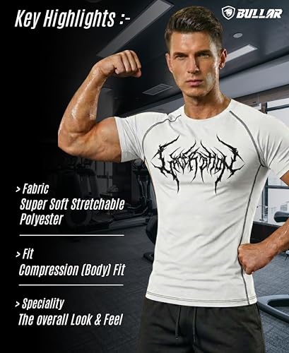 Image of BULLAR Men's Polyester Blend Compression T-Shirt, Half Sleeve Athletic Sports Tight, Crew Neck, Slim Fit Tshirt for Fitness and Workout