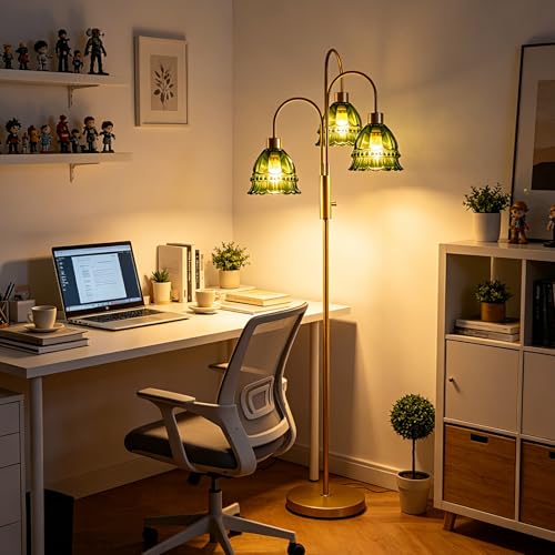 Image of 3-Light Glass Floor Lamp with Green Ribbed Glass Shades, 70 inch Gold Dimmable Tall Standing Lamp with 3PCS 3000K Warm White Bulbs, Modern Tree Pole Lamp for Living Room Bedroom Home Office Corner Decor
