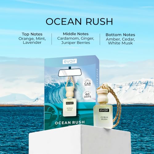Image of Evair Ocean Rush Car Air Freshener | Hanging Car Perfume with Essential Oils | Long-Lasting Aroma in Glass Bottle with Wooden Diffuser Lid | 10ml Hanging Car Scent (Pack of 1)