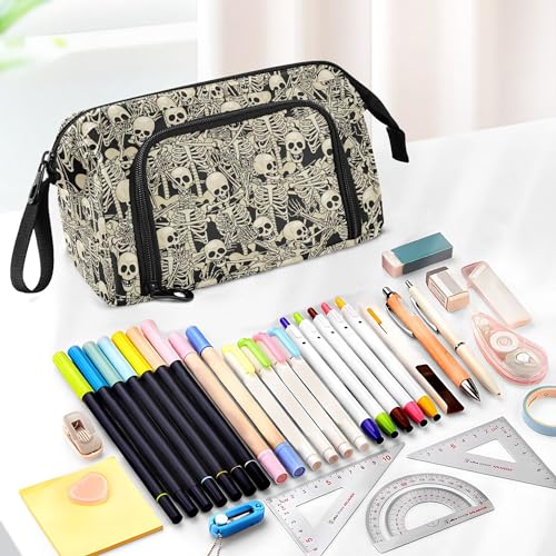 Image of Fisyme Gothic Skull Skeletons Pencil Case Large Capacity Pencil Pouch Pen Bag Box Big Makeup Pencil Case Organizer