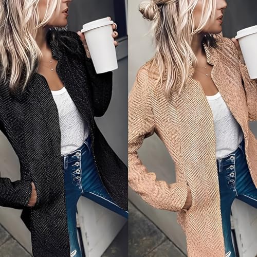 Datebacko Women's Solid Color Pocket Long Sleeve Open Front Coat, Slim Fit Stand Collar Twill Blazer Jacket3